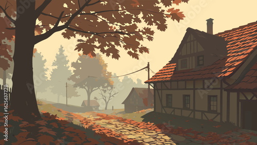 Autumn Village Road with Traditional Half-Timbered House and Fallen Leaves - Rustic Countryside Landscape Digital Art