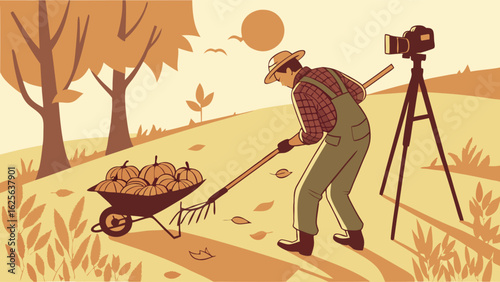 Autumn Harvest Content Creation: Farmer Raking Leaves by Wheelbarrow of Pumpkins with Camera on Tripod in Golden Field