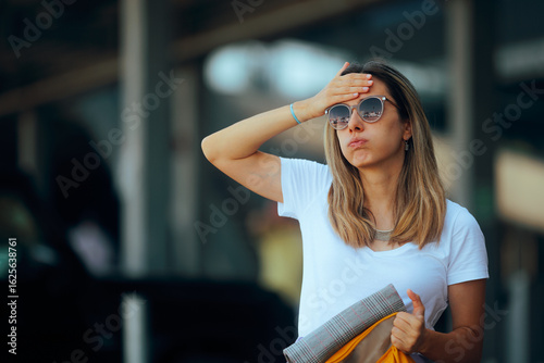 Careless Woman Wearing Sunglasses Losing her Wallet. Desperate lady missing her personal belongings feeling robbed 
