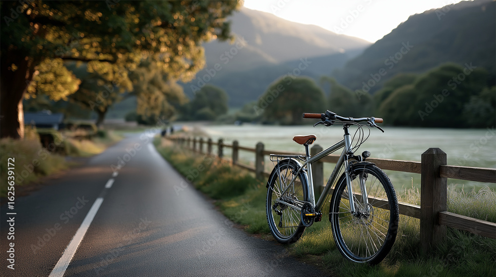 Fototapeta premium A scenic countryside road with a vintage bicycle parked beside the bike lane, early morning sunlight casting long shadows, mountains in the background, green fields glowing with dew, ultra-detailed, h