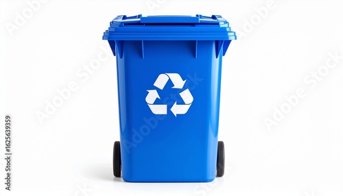A vibrant blue recycling bin with the universal recycle symbol, representing sustainable waste management and environmental consciousness.
