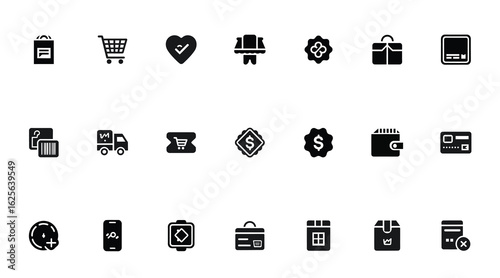 Minimalist Black Ecommerce Icon Collection Featuring Cart Payment Delivery Wallet Barcode and Mobile Elements