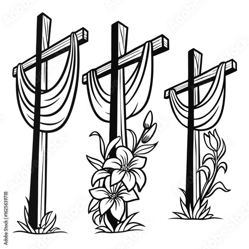 Vector art of three crosses with draped cloth and lilies represent the resurrection of jesus christ and the christian faith