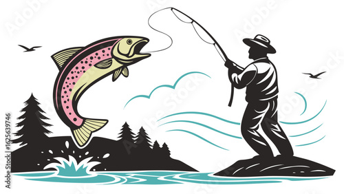 Vector art of a fisherman stands on a rock casting his line as a trout leaps from the water in this vector illustration