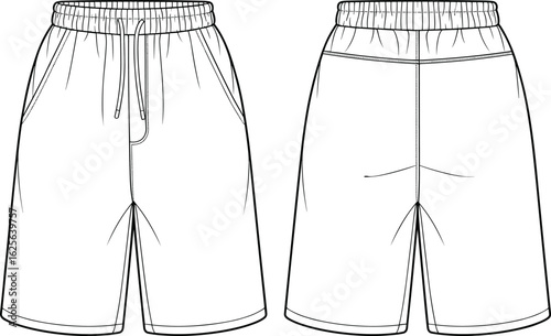 Vector illustration of men's drawstring shorts, front and back view, casual summer wear, fashion flat sketch, technical apparel template