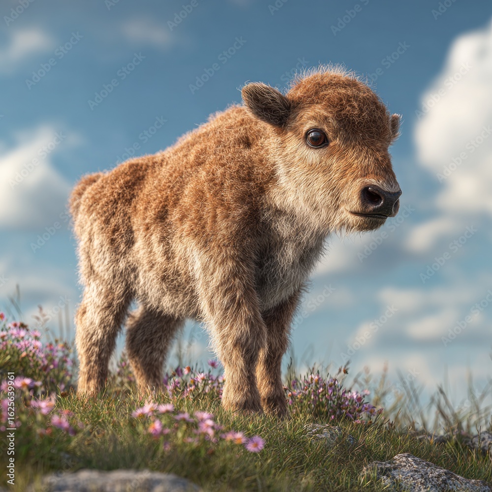 Fototapeta premium Fluffy young bison calf in a meadow