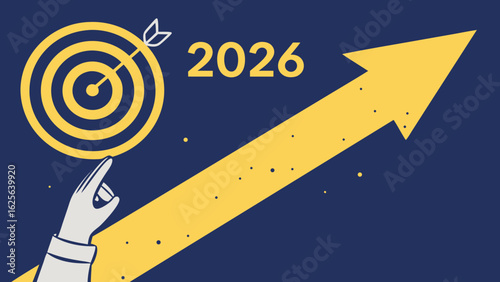 Vector art of illustration depicting a hand pointing towards a target with an arrow and the year 2026 symbolizing future goals and achievements