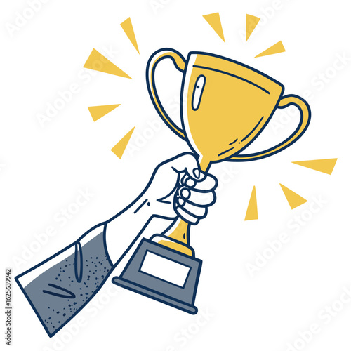 Illustration of a hand holding a gold trophy to celebrate success and achievement in a competition
