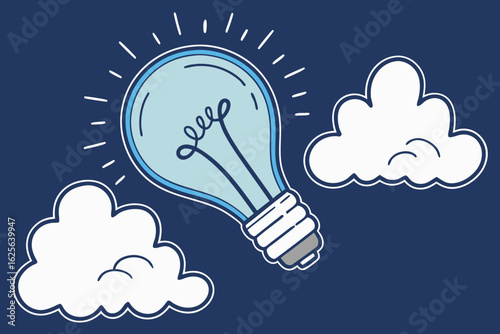 Illustration of a light bulb shining brightly among fluffy clouds symbolizing a creative idea or innovative solution