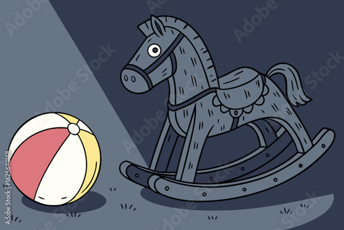 Illustration of a vintage rocking horse toy and a striped ball representing childhood games and nostalgic playtime