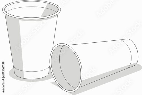 Vector art of two simple white disposable paper cups one standing and one laying down in a minimalist graphic style