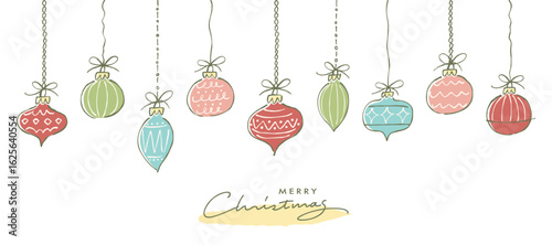つり下がったクリスマスオーナメントのイラストセット。ラフな線画とパステルカラー。