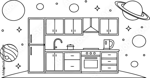 Surreal Line Art Kitchen with Floating Planets