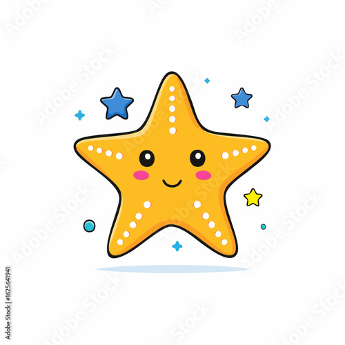 Delightful Yellow Starfish Cartoon Character with Adorable Smiling Face and Colorful Elements