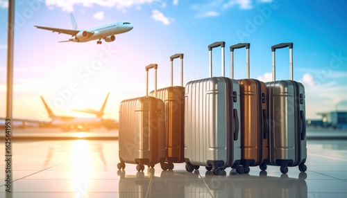 Row of suitcases in an airport terminal with a passenger plane taking off in the background. Travel and vacation concept.