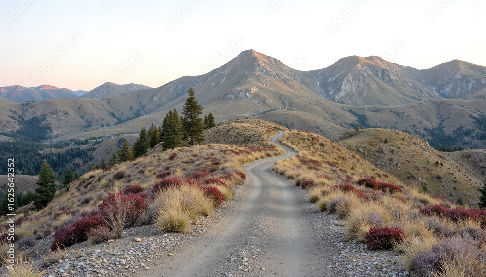 Obraz premium Serene mountain landscape with winding path and purple shrubbery at sunset