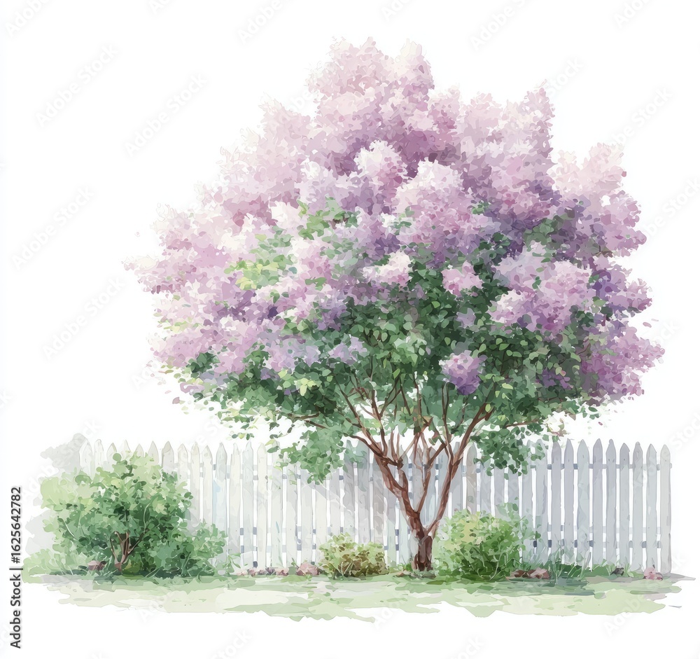 Obraz premium Lilac tree by white picket fence (1)