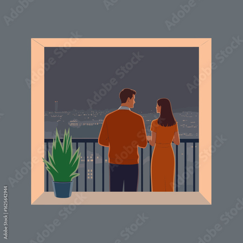 A couple stands close on their balcony, overlooking a beautiful city view at night, conveying intimacy and connection in a serene and romantic atmosphere.