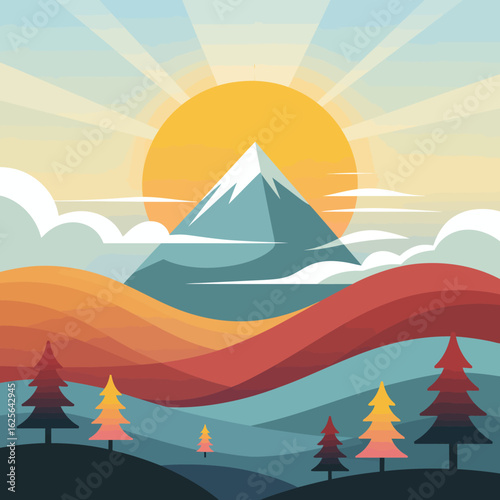 Featuring abstract stylized mountains with vibrant colors, this image creates an emotive scene accentuated by a radiant sun, expressing a deep connection to nature and the human experience.