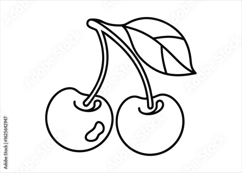 A single cherry fruit rendered in a minimalist continuous line art drawing style with subtle color accents