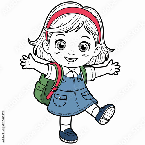 A joyful little girl with a backpack wearing a blue dress, smiling widely with her arms open, excited for a new adventure, showcasing pure childhood happiness.