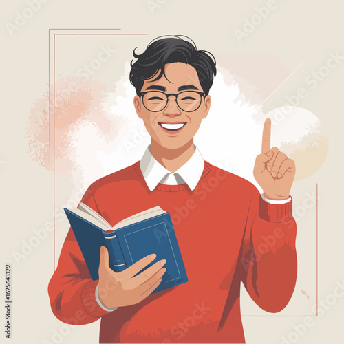 A cheerful young man is smiling while holding a book, symbolizing positivity and the joy of learning, engaging viewers with his enthusiastic approach to knowledge.