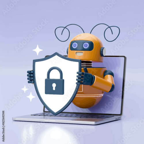 A friendly robot emerges from a laptop, holding a shield with a padlock, symbolizing digital security and protection against online threats in a cute and engaging manner.