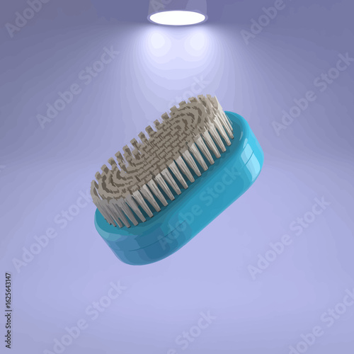 This grooming brush is shown floating with its soft bristles prominently displayed, highlighting its design and functionality perfect for various grooming tasks.