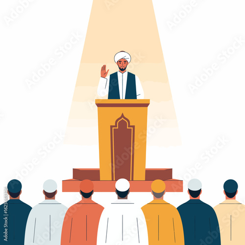 A religious leader delivers a powerful sermon to a focused audience, conveying important messages about faith, community, and spirituality in a serene environment.
