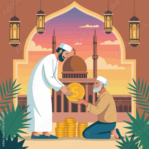 An impactful scene portraying a monetary exchange between two men, showcasing values of charity, community support, and chance in a stunning illuminated outdoor setting.