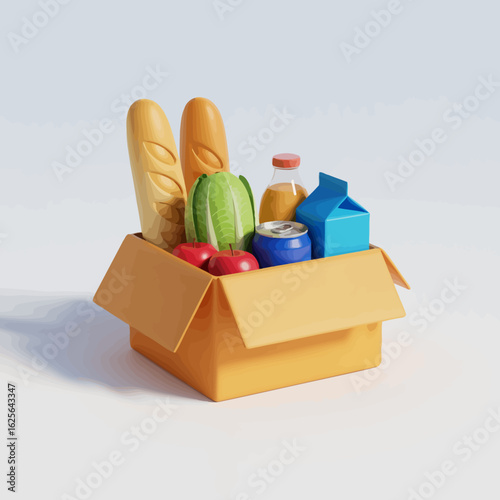 A colorful box filled with essential groceries including vegetables, fruits, and drinks, highlighting the accessibility and importance of food in everyday life.