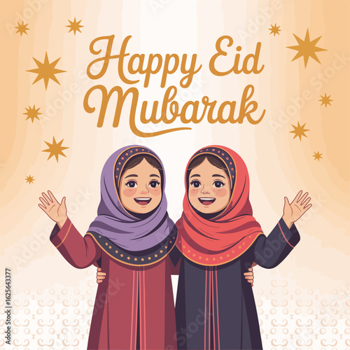 This vibrant illustration captures two girls celebrating Eid in colorful traditional attire, radiating joy and warmth during a festive occasion surrounded by stars.