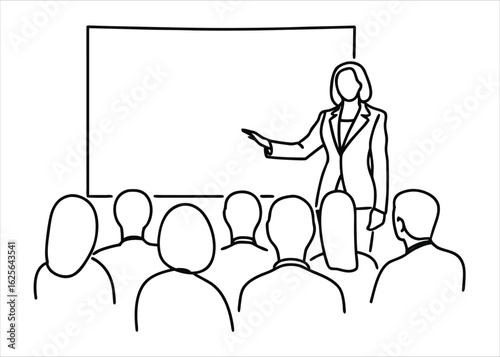Modern business presentation graphic featuring a continuous line drawing of a professional woman engaged in dialogue