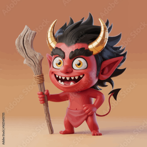 A cute red demon character with horns and a mischievous smile brandishes a wooden staff, characterizing a playful representation of fantasy in a bright and enjoyable style.