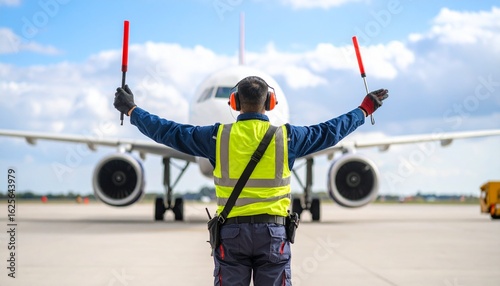 Airport ground crew marshaller guiding a commercial airplane on the tarmac. Aviation professional at work signaling for arrival.