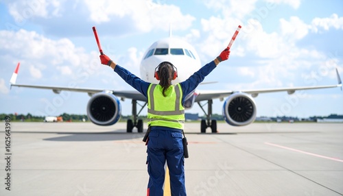 Female aircraft marshaller using signal wands for non-verbal communication to guide a passenger jet on the runway.