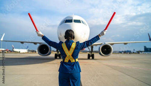 Female aircraft marshaller with signal wands providing guidance to a passenger plane at an airport tarmac.