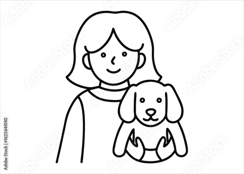 Artistic single line illustration capturing the joyful bond between a devoted pet owner and their beloved animal companion in a heartwarming scene