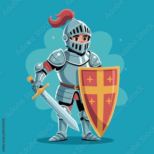 A cartoon knight standing proudly in detailed armor, brandishing a sword and a shield emblazoned with symbols, representing valor and adventure in a captivating playful design.
