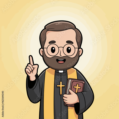 A cartoon priest with a beard holds a Bible and raises a finger in a friendly manner, symbolizing the sharing of wisdom and spiritual guidance with a welcoming expression.