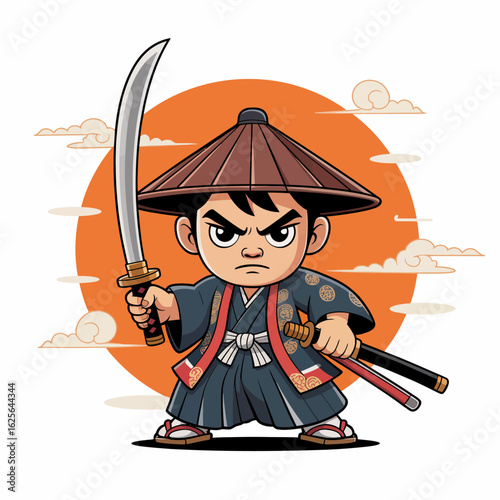 This vivid illustration showcases a chibi samurai character wielding a sword, dressed in traditional apparel, and emanating a strong sense of resolve and courage.
