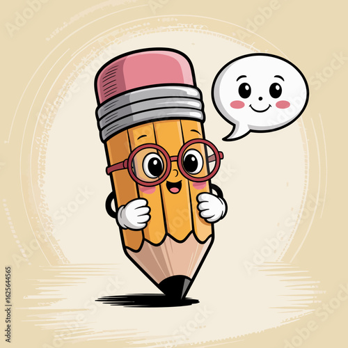 This engaging illustration showcases a playful pencil character wearing glasses, smiling widely and interacting with a speech bubble, bringing a sense of joy and creativity.