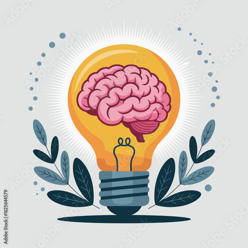 This whimsical illustration of a brain in a light bulb represents insight and enlightenment, perfect for topics focusing on intelligence, creativity, and personal growth.