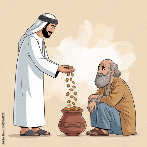 A moving illustration of a generous individual dropping coins into a pot for an elderly man, emphasizing the themes of benevolence, empathy, and the human spirit behind giving.