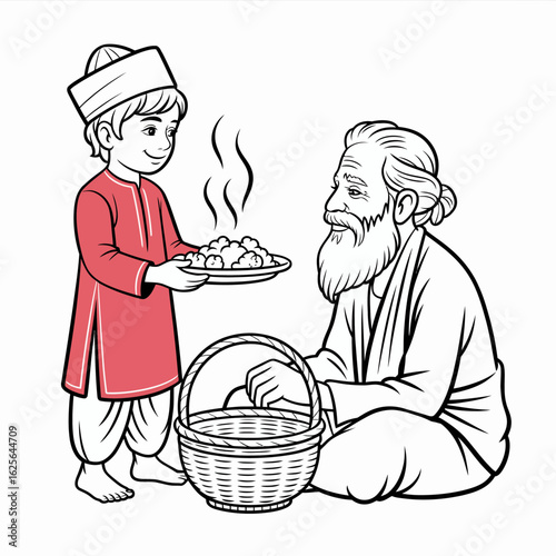 A young boy in traditional attire presents a plate of food to an elderly man, expressing gratitude and respect, showcasing the beauty of generational love and caring.