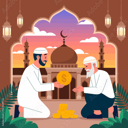 Two men engaged in a meaningful monetary exchange reflect the principles of community bonding, financial assistance, and cultural values against a beautiful, serene background.