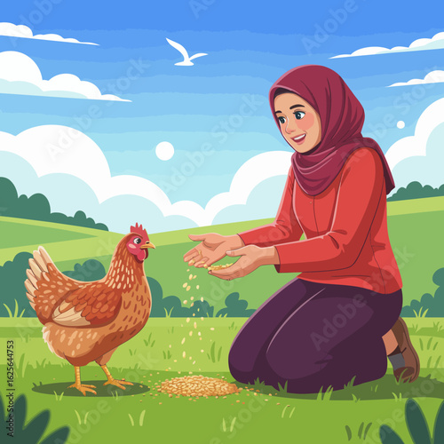 A cheerful woman kneels in a grassy area, happily feeding a hen, depicting a serene moment of interaction with nature and celebrating the bonds of caring for animals.