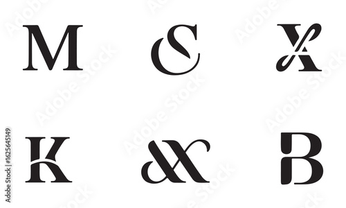 Six Black Serif Monograms and Letters M C S X K and B on White Background vector