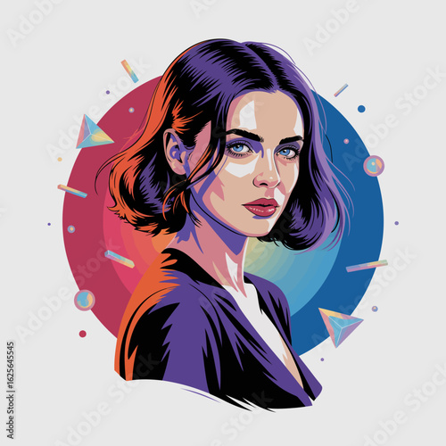 This digital portrait features a woman with a modern hairstyle, vibrant colored gradients, and a geometric background, emphasizing beauty and contemporary aesthetic styles.