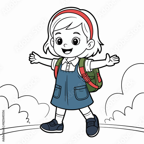 An enchanting image of a little girl joyfully embracing the moment with her arms wide open, wearing a backpack, illustrating the emotion of freedom and adventure.